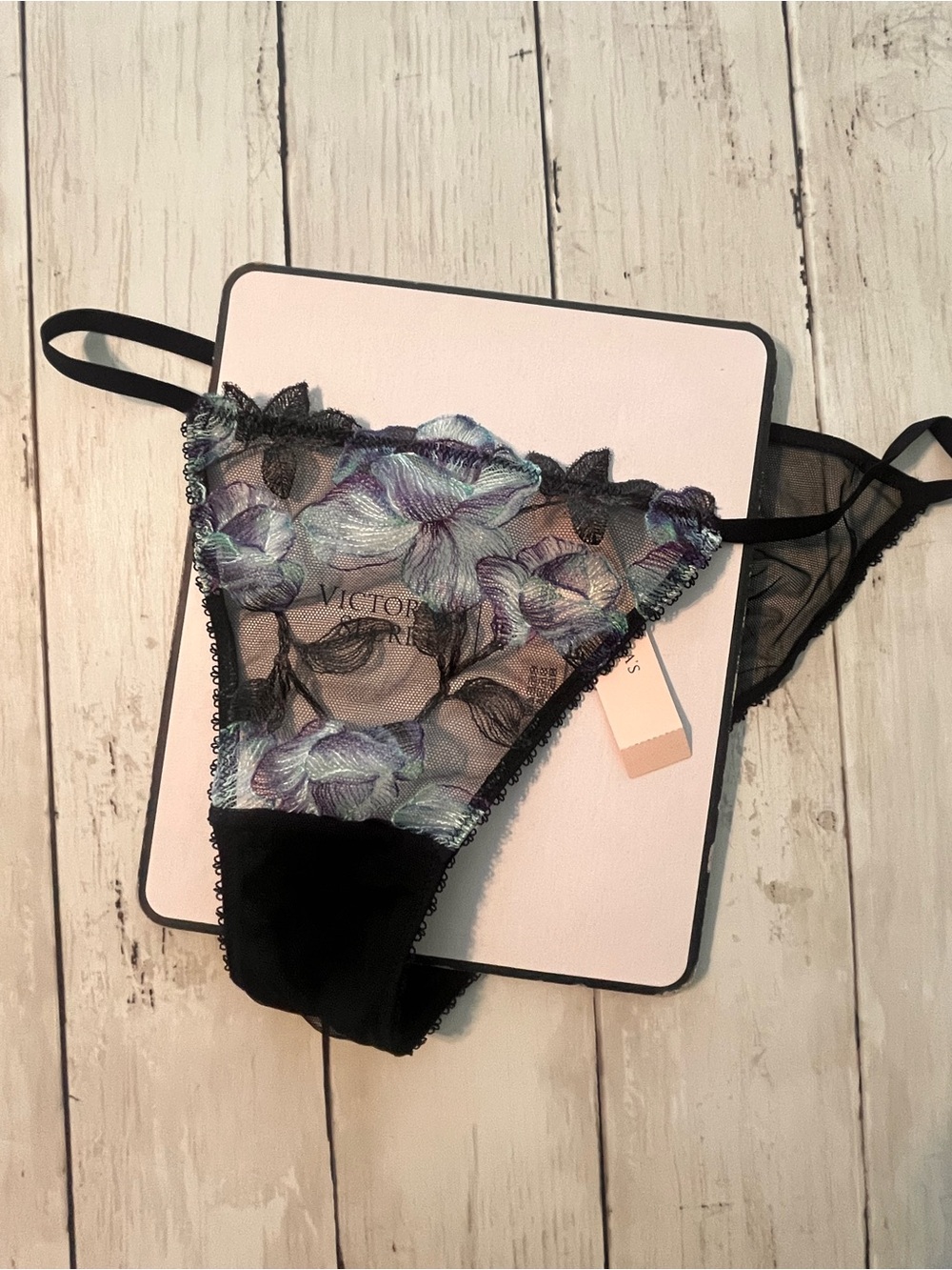 Victoria's Secret Very Sexy Sheer Thong with Purple & Blue Floral Embroidery M